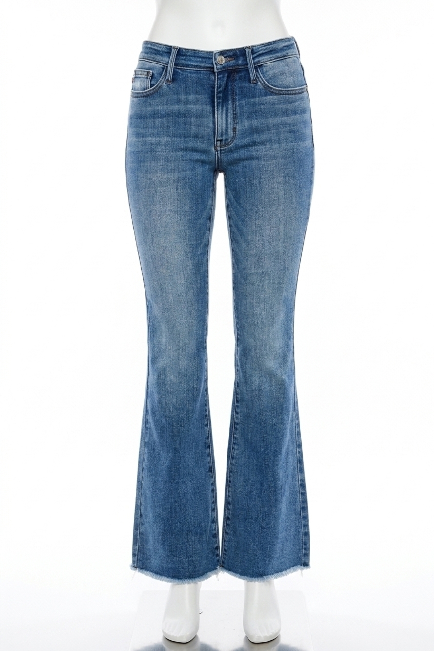 NEW JUDY BLUE mid rise vintage wash flare jeans with distressed and fray hem in